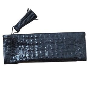 Nancy Gonzalez Black Slim Envelope Clutch Pouch Evening Bag Tassel Zip Crocodile